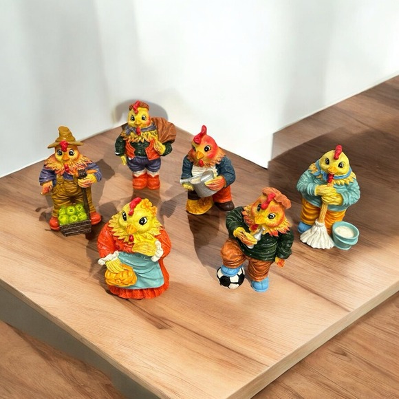 Whimsical Resin Chicken Figurines (6)‎ Farmhouse Decor Each W/ Unique Activity - Picture 1 of 6